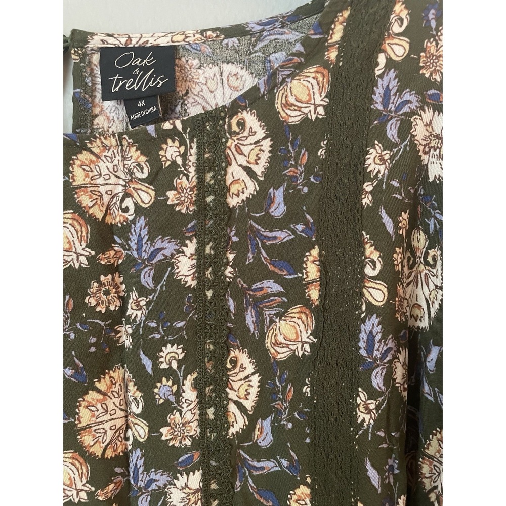 Oak‎ & Trellis Green Floral Boho Crochet Accent Long Sleeve Top Blouse 4XL - Picture 2 of 3
